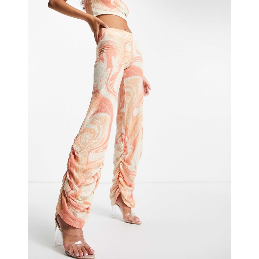 Jaded London High Waist Ruched Flare Knit Pants Orange Marble Women 10